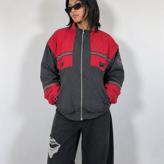 Women's Jacket Vintage Red & Charcoal Colorblock Nylon Full-Zip Windbreaker