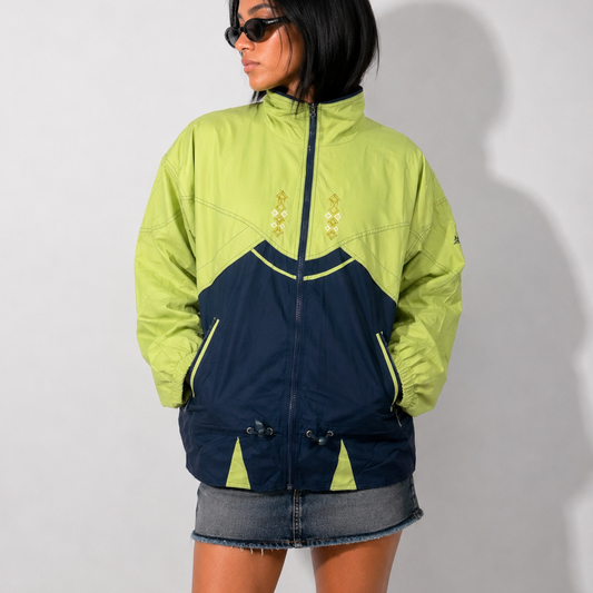 Women's Jacket Vintage Lime Green & Navy Colorblock Windbreaker
