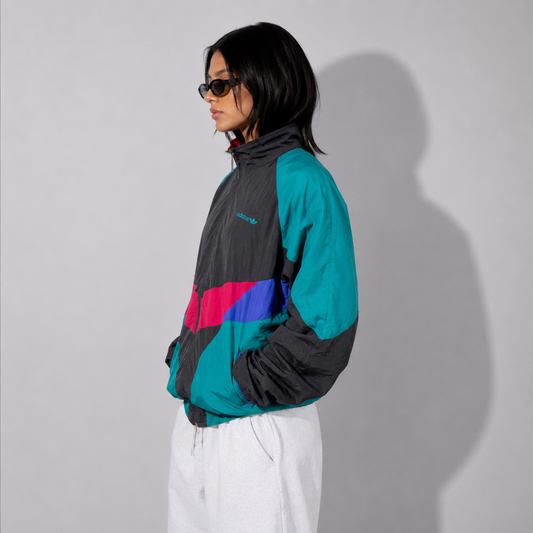 Women's Jacket 90s Retro Black and Teal Colorblock Zip-Up Windbreaker