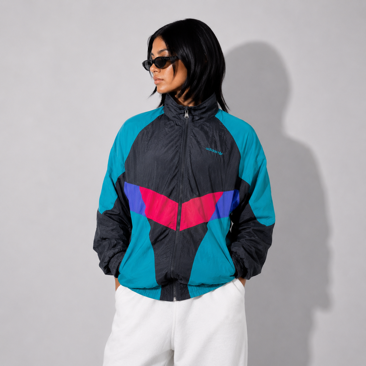 Women's Jacket 90s Retro Black and Teal Colorblock Zip-Up Windbreaker