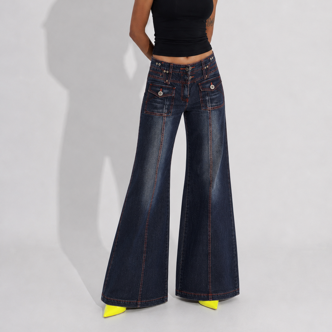Women's Jeans – Y2K Dark Wash Flared Wide Leg Jeans