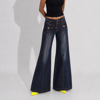 Women's Jeans – Y2K Dark Wash Flared Wide Leg Jeans