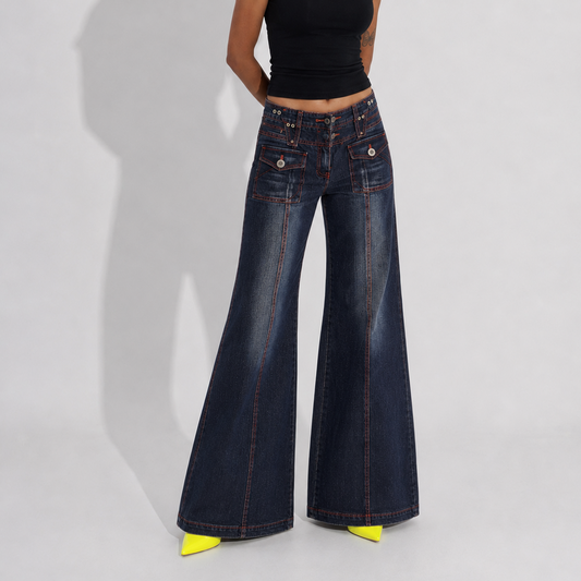 Women's Jeans – Y2K Dark Wash Flared Wide Leg Jeans