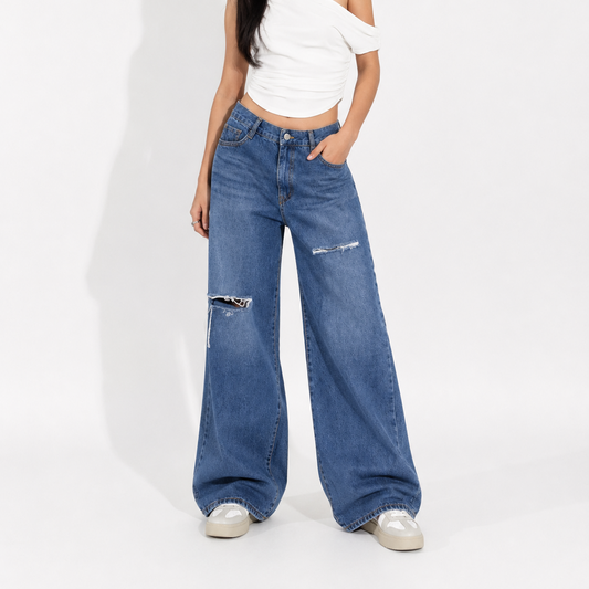 Women's Jeans - Vintage Wide Leg Ripped Denim