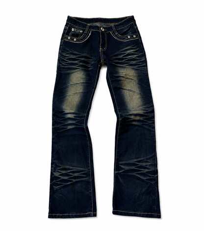 Dark Wash Bootcut Jeans with Heavy Whiskering
