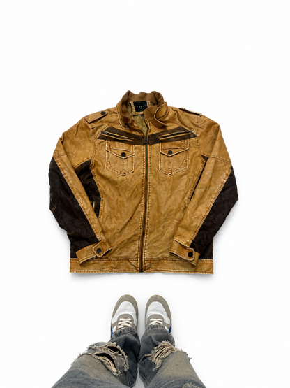 Vintage Unisex Tan Moto Leather Jacket with Contrast Panels