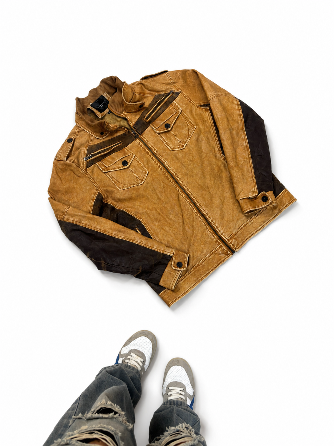 Vintage Unisex Tan Moto Leather Jacket with Contrast Panels