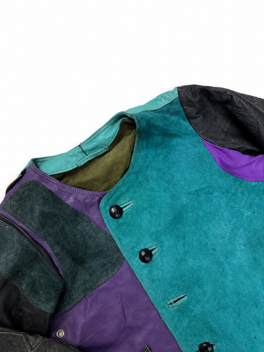 Vintage Unisex Colorblock Leather Jacket – Teal, Purple & Black Retro Statement Jacket