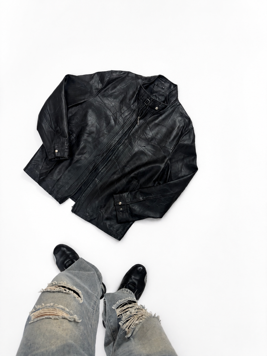 Unisex Black Moto Leather Jacket with Buckle Collar