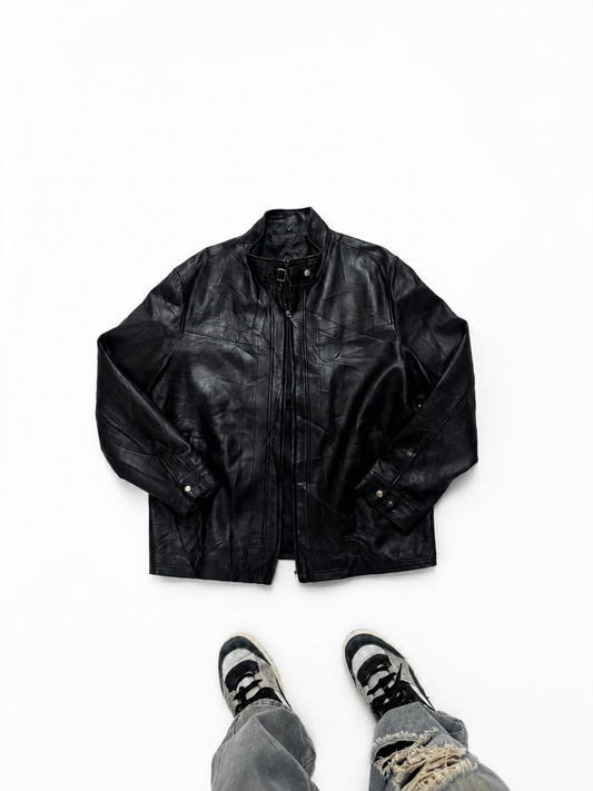 Unisex Black Moto Leather Jacket with Buckle Collar