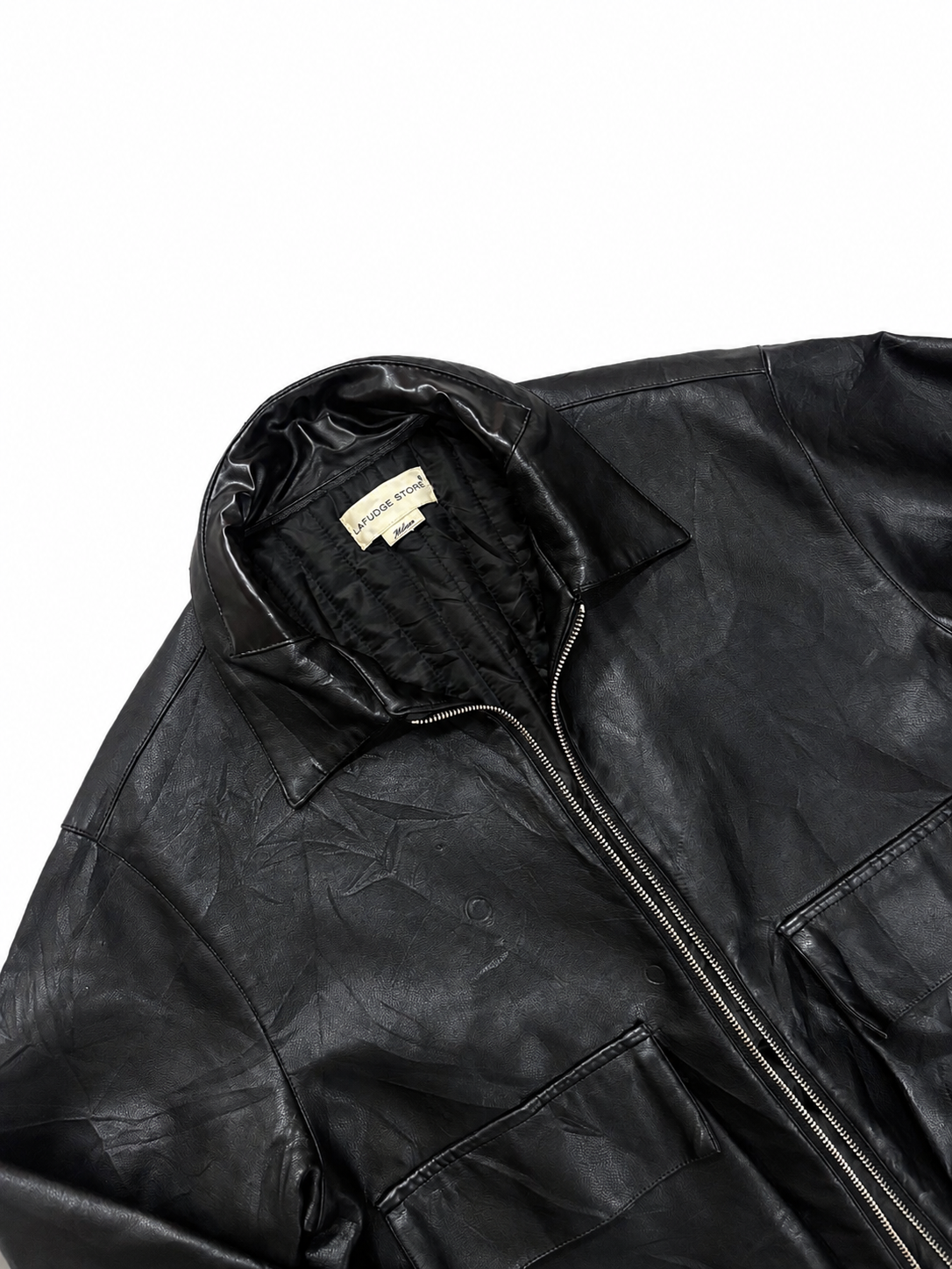 Black Unisex Leather Zip-Up Jacket with Utility Pockets