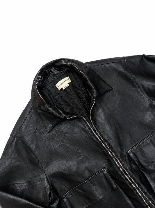 Black Unisex Leather Zip-Up Jacket with Utility Pockets
