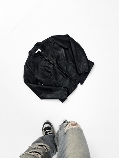 Unisex Black Leather Racer Jacket with Stand Collar