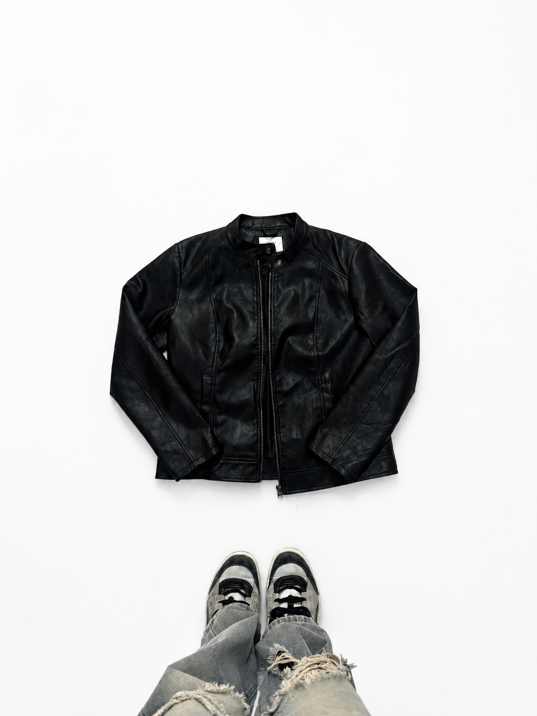 Unisex Black Leather Racer Jacket with Stand Collar