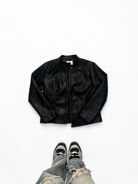 Unisex Black Leather Racer Jacket with Stand Collar