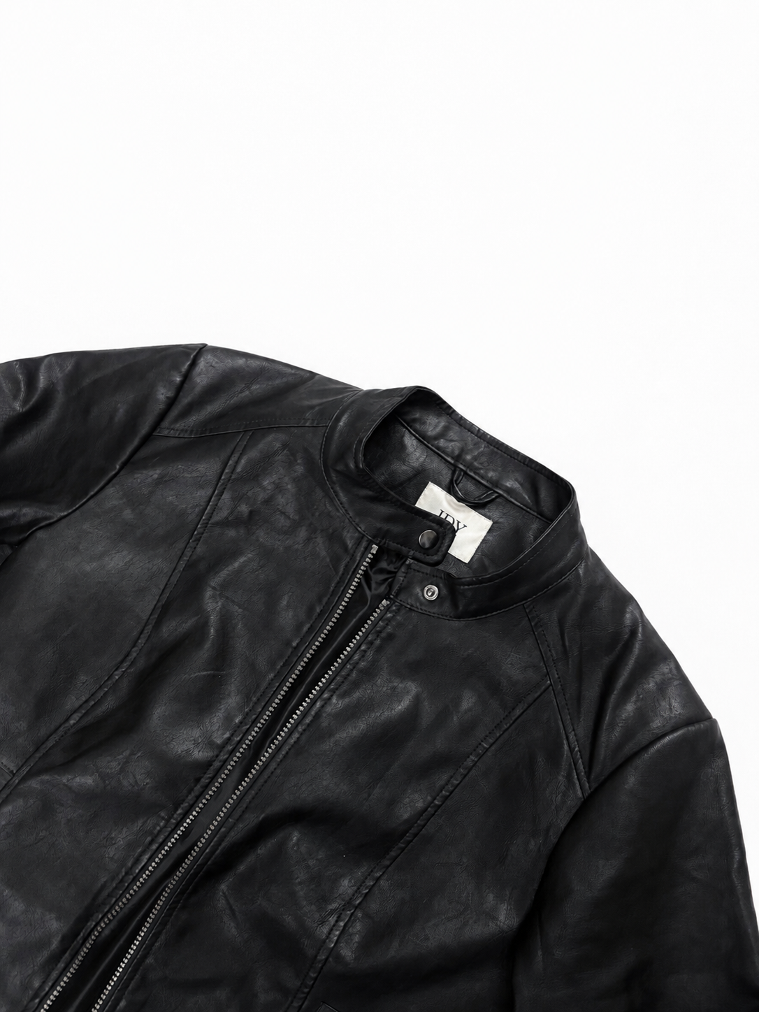 Unisex Black Leather Racer Jacket with Stand Collar
