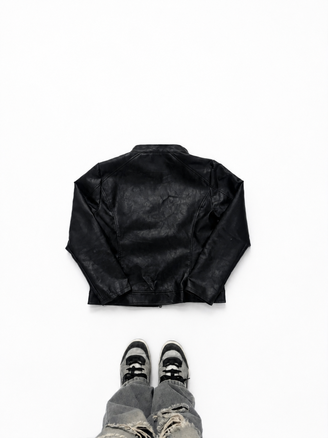 Unisex Black Leather Racer Jacket with Stand Collar