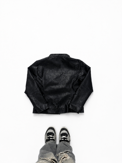 Unisex Black Leather Racer Jacket with Stand Collar