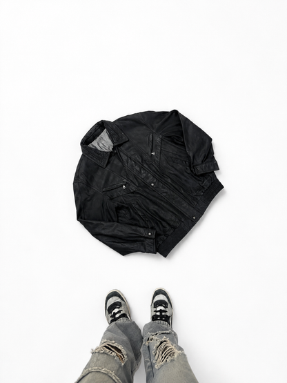 Vintage Unisex Black Leather Bomber Jacket with Utility Zip Pockets
