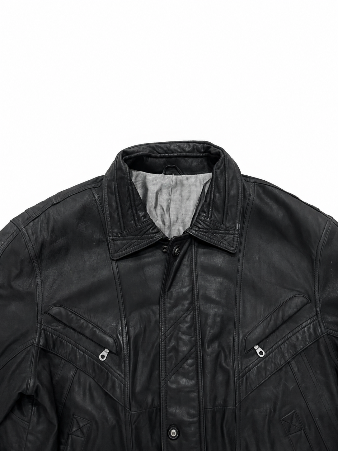 Vintage Unisex Black Leather Bomber Jacket with Utility Zip Pockets