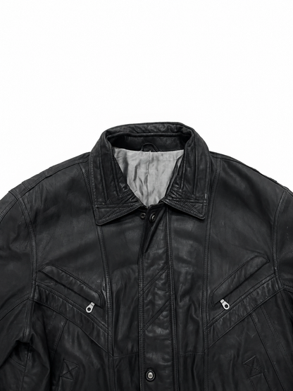 Vintage Unisex Black Leather Bomber Jacket with Utility Zip Pockets
