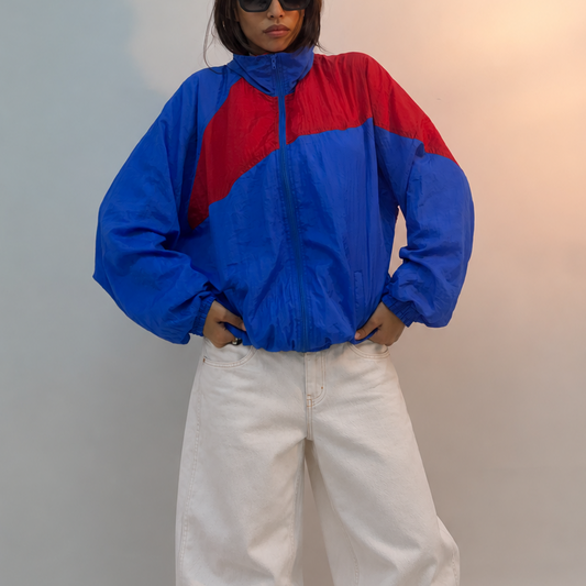 Vintage Royal Blue & Red Colorblock Retro Unisex Windbreaker Bomber Jacket