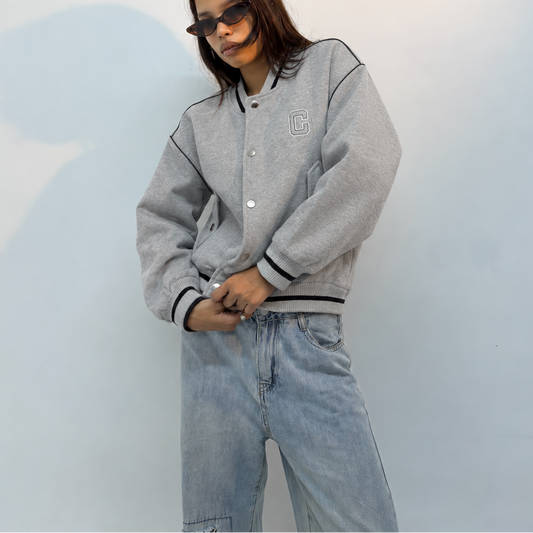 Unisex Vintage Grey Oversized Patchwork Varsity Bomber Jacket