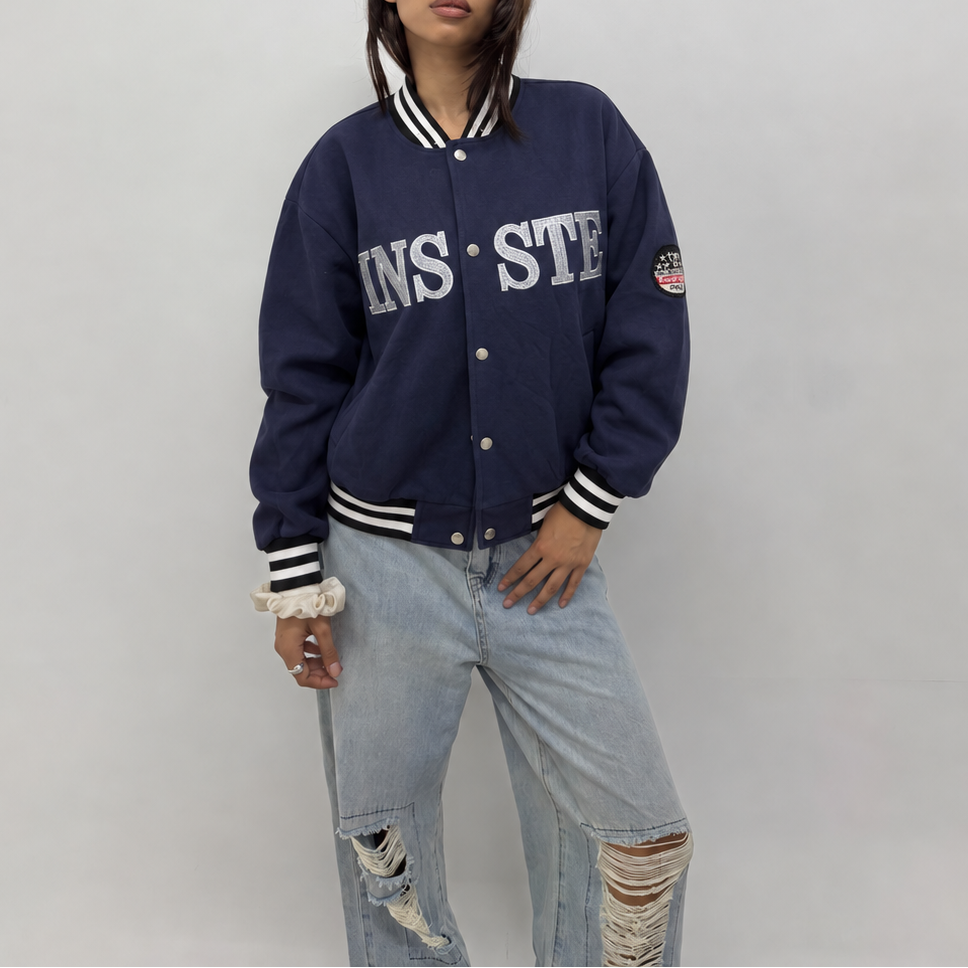 Unisex Vintage Navy Embroidered Oversized Varsity Bomber Jacket