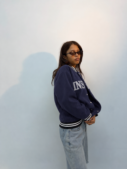 Unisex Vintage Navy Embroidered Oversized Varsity Bomber Jacket