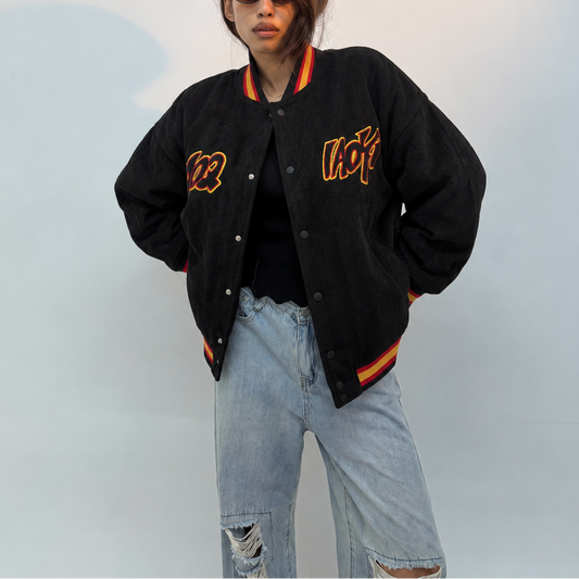 Y2K Black Corduroy Graphic Oversized Varsity Jacket