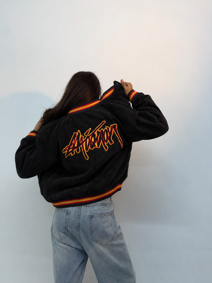 Y2K Black Corduroy Graphic Oversized Varsity Jacket
