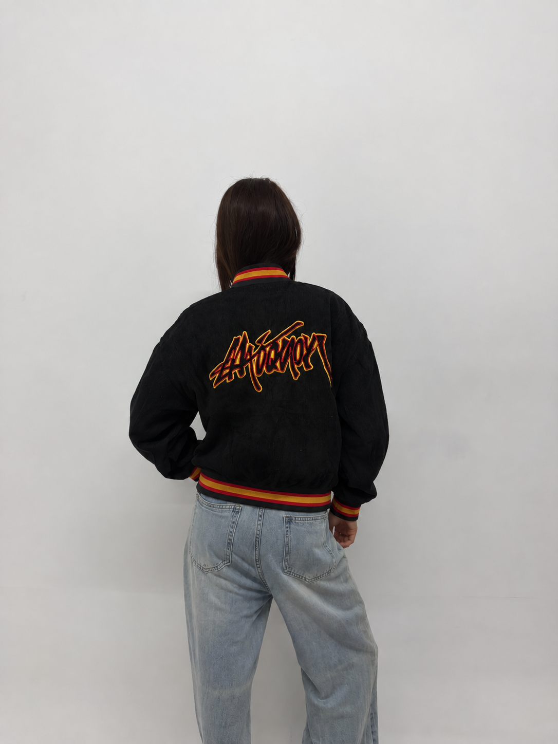 Y2K Black Corduroy Graphic Oversized Varsity Jacket