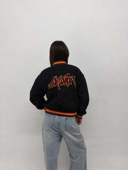 Y2K Black Corduroy Graphic Oversized Varsity Jacket