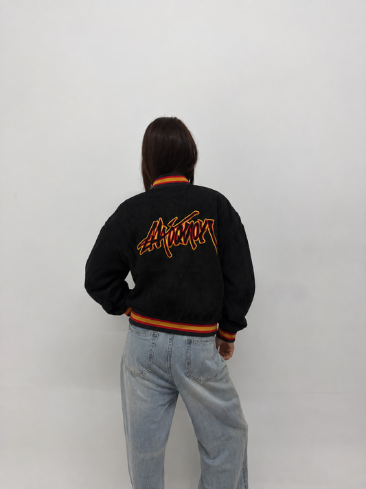 Y2K Black Corduroy Graphic Oversized Varsity Jacket