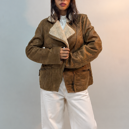 Women’s Vintage Brown Shearling-Lined Oversized Leather Jacket
