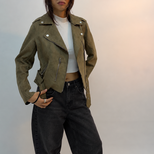 Women’s Vintage Olive Green Fitted Moto Biker Leather Jacket