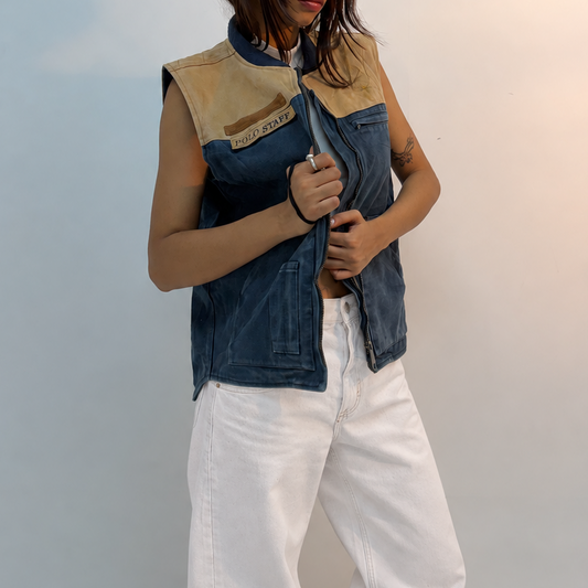 Unisex Vintage Navy & Tan Colorblock Sleeveless Utility Leather Jacket