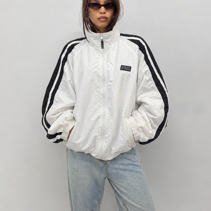 Unisex Vintage White & Black Oversized Stripe Sleeve Windbreaker Jacket