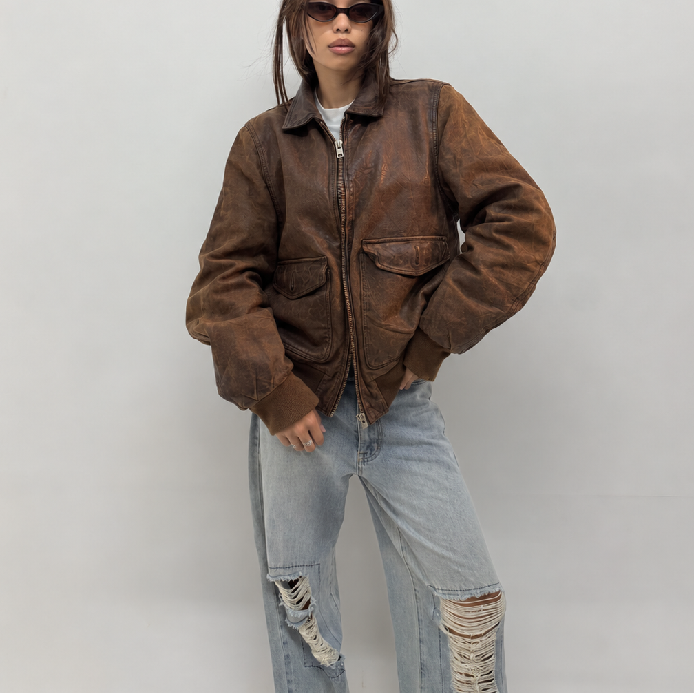 Unisex Distressed Collared Brown Relaxed Fit Bomber Leather Jacket