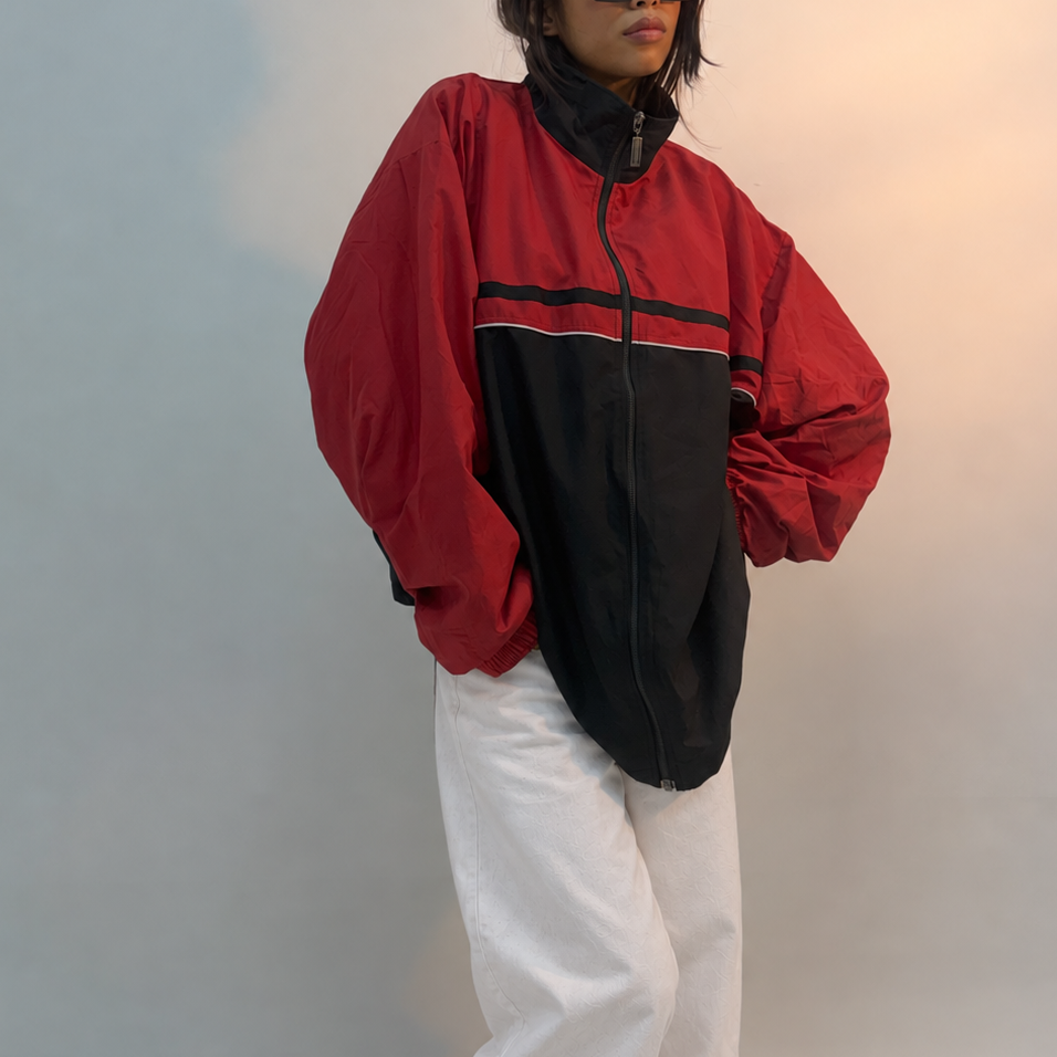 Unisex Red & Black Oversized Colorblock Windbreaker Jacket
