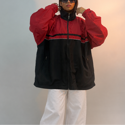 Unisex Red & Black Oversized Colorblock Windbreaker Jacket