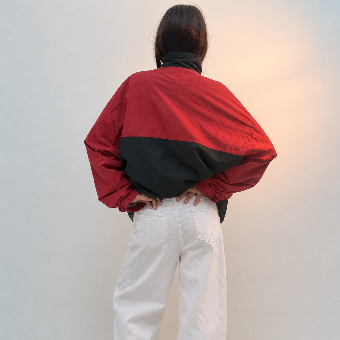 Unisex Red & Black Oversized Colorblock Windbreaker Jacket