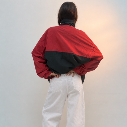 Unisex Red & Black Oversized Colorblock Windbreaker Jacket