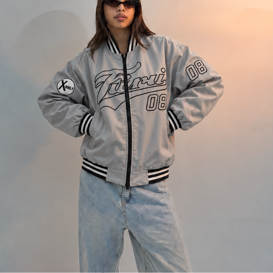 Unisex Silver Grey Oversized Graphic Varsity Jacket