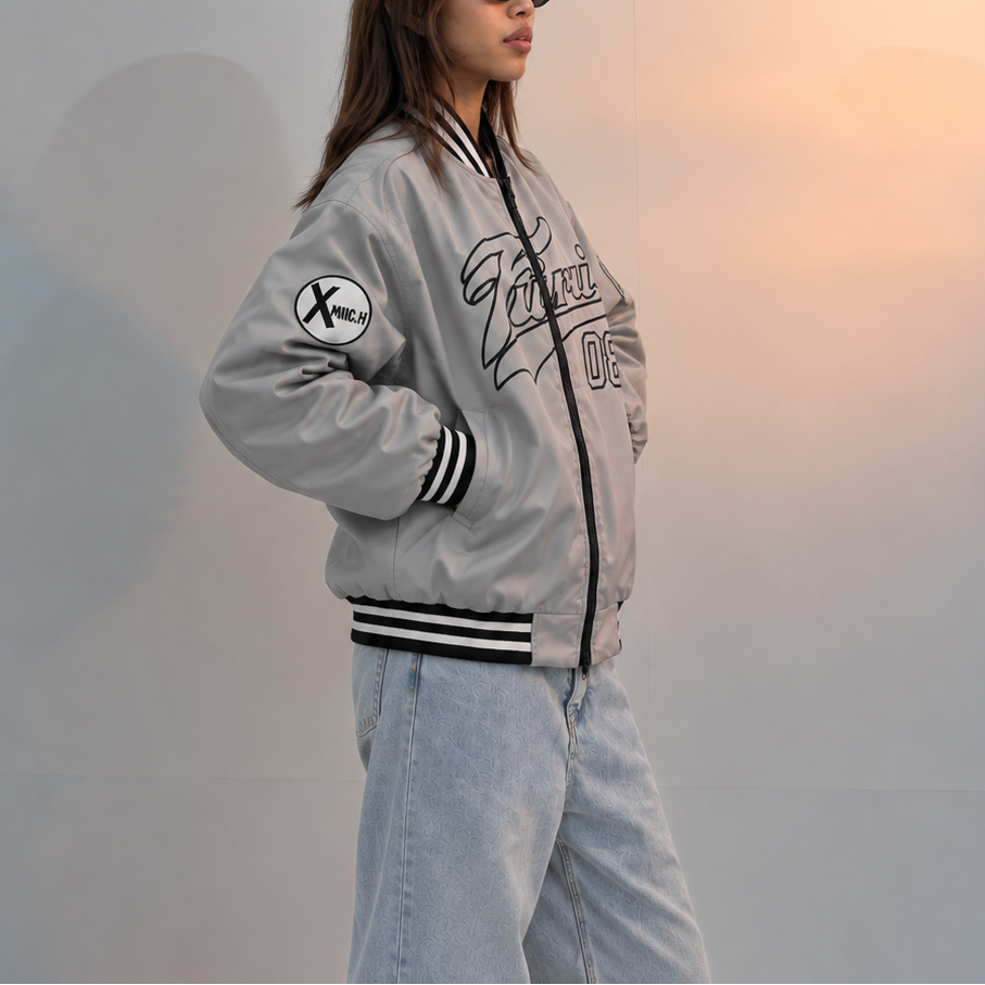 Unisex Silver Grey Oversized Graphic Varsity Jacket