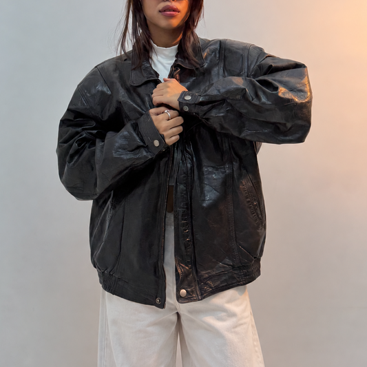 Unisex Vintage Black Oversized Vintage Leather Jacket