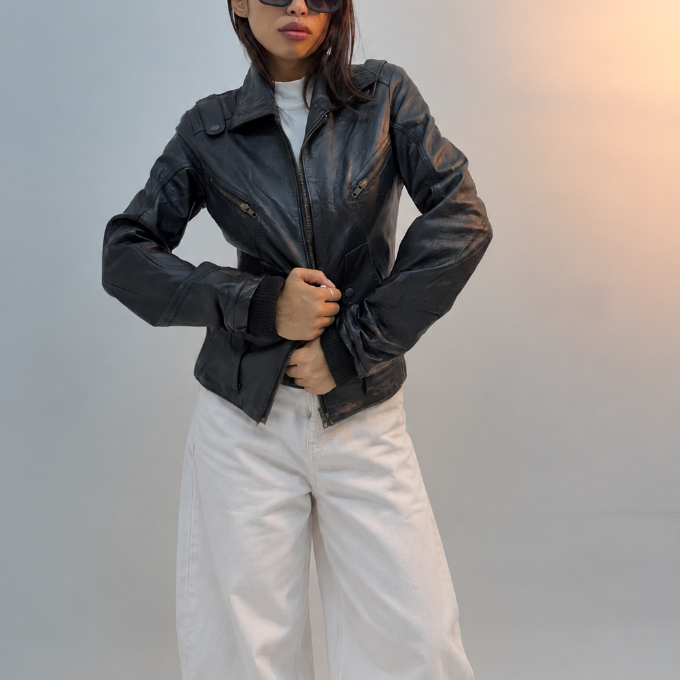 Women’s Black Fitted Zip-Detail Leather Jacket