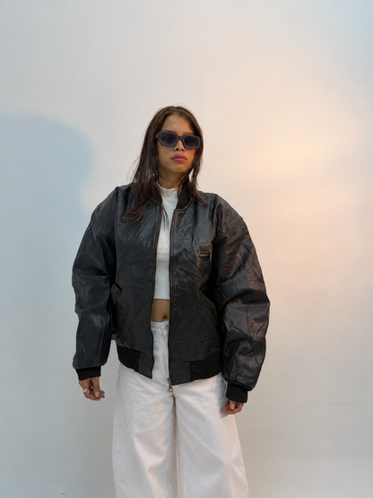 Unisex Black Oversized Utility Bomber Leather Jacket