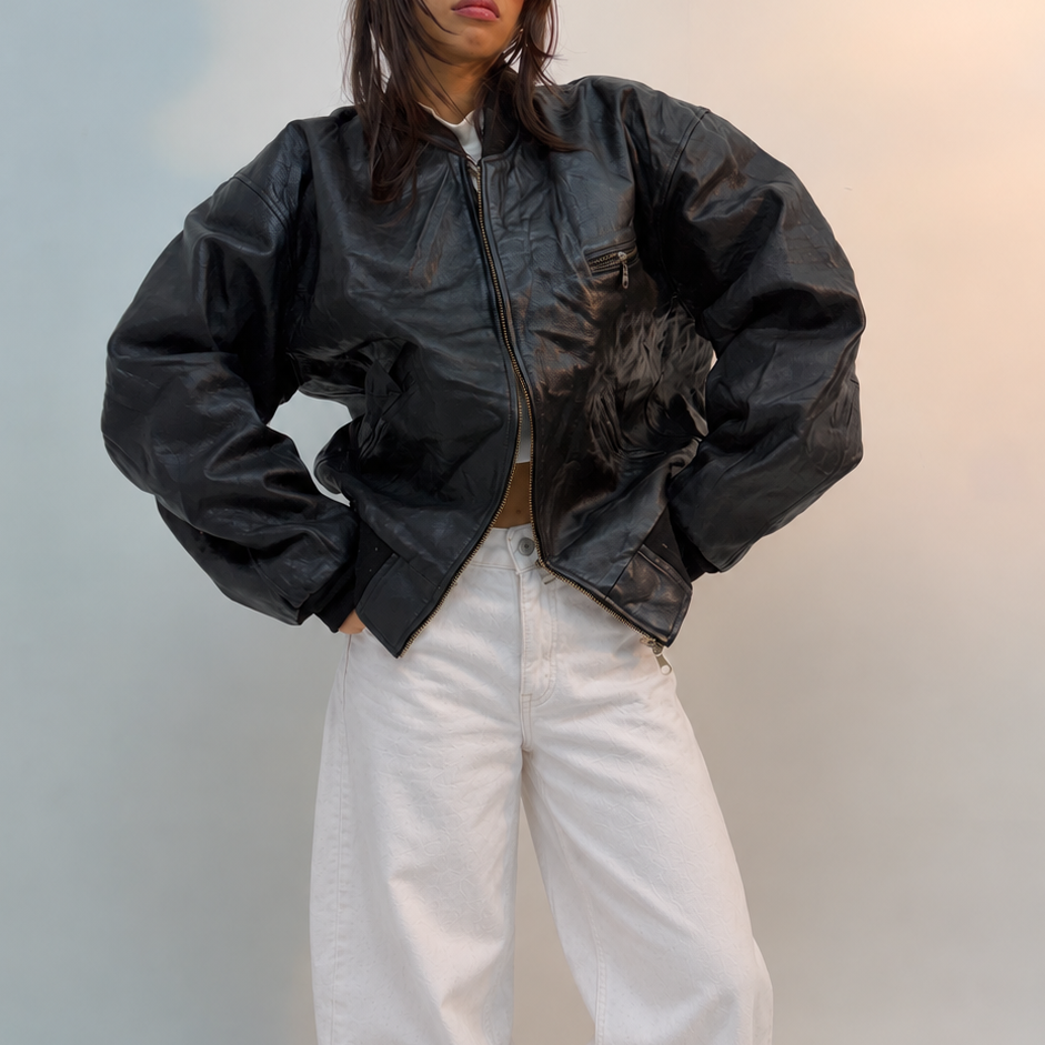 Unisex Black Oversized Utility Bomber Leather Jacket
