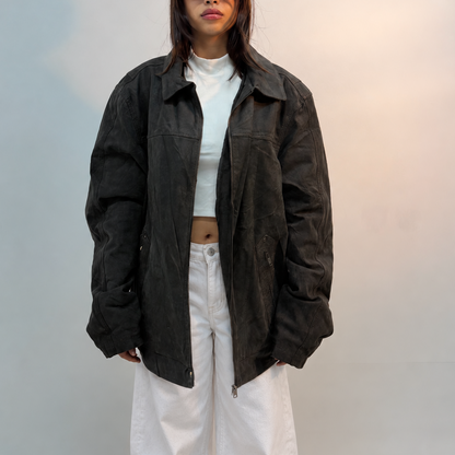 Unisex Black Oversized Utility Bomber Suede Leather Jacket